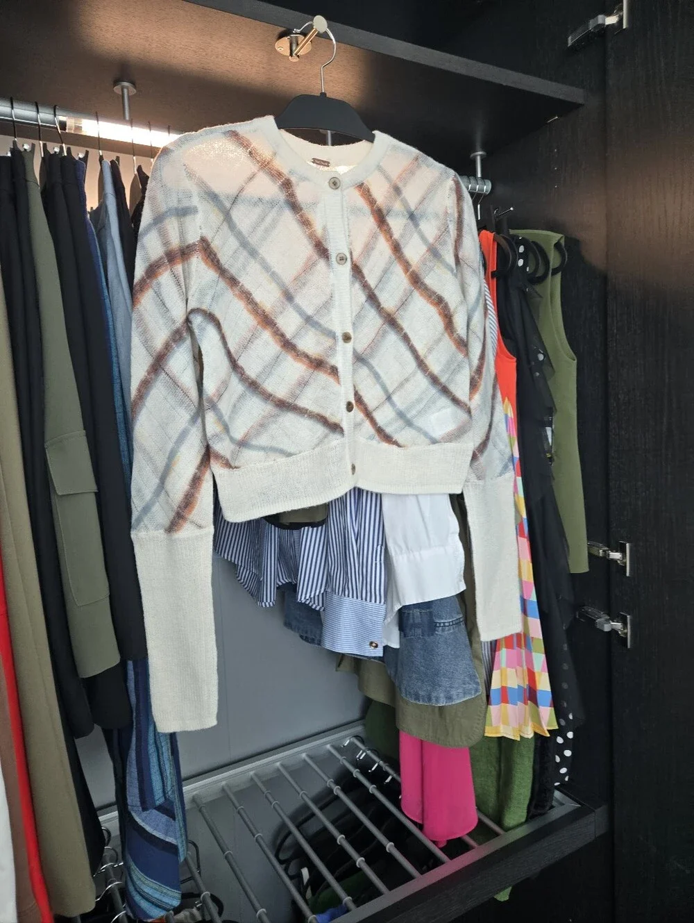 Free People Cream Plaid Cropped Cardigan with Brown and Gray Checks